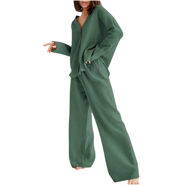Puntoco Pijamas De Mujer De Algodón Y Lino De Doble Capa Sueltos para El Hogar Camiseta Y Pantalones De Manga Larga con Cuello En V Conjunto De Dos Piezas Liquidación Puntoco Puntoco-225