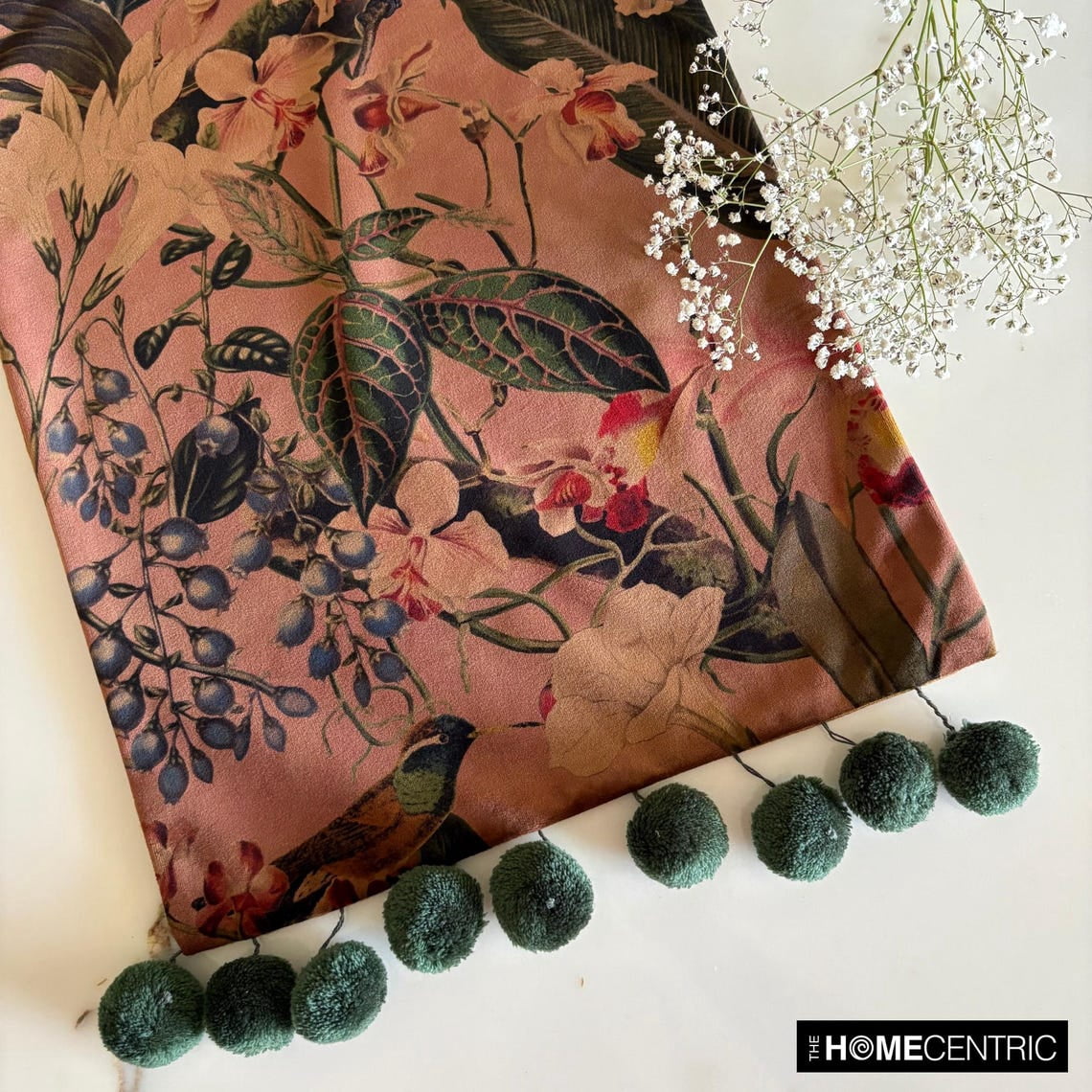 Rust Decorative 8 Seater Table Runner (16 x 108 inch) | Modern Velvet Floral Table Linen | Fall Hosting Pom Poms, Bird Table Runner for Party, Dining Table Décor - Fauna Flow