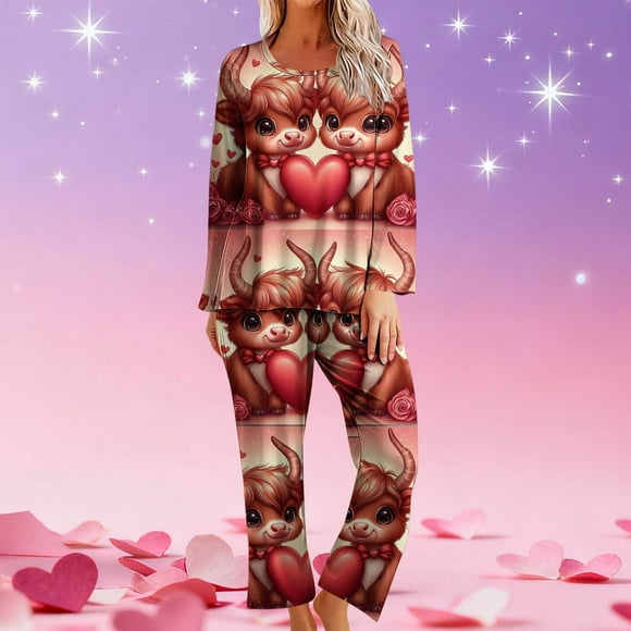 RKSTN Valentine's Gifts Pajamas Set for Women Oversized Crewneck Valentine's Day Loves Heart Graphic Printed Loungewear Matching Set Womens Casual Loose Long Sleeve T Shirt and Pjs Pant 2 Piece Set