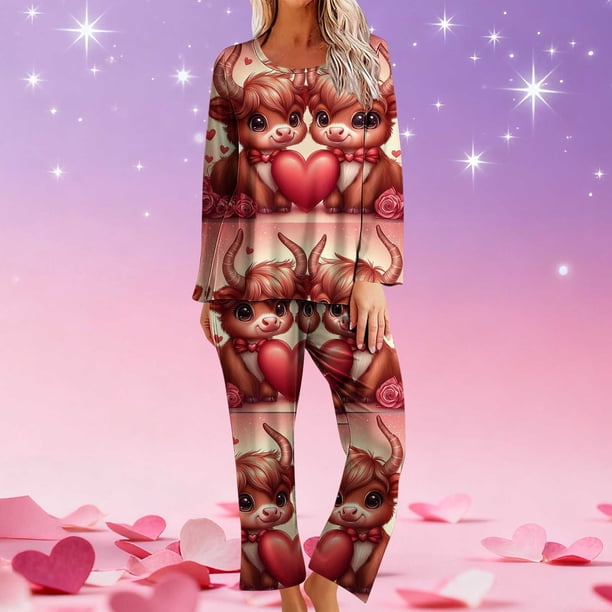 RKSTN Valentine's Gifts Pajamas Set for Women Oversized Crewneck Valentine's Day Loves Heart Graphic Printed Loungewear Matching Set Womens Casual Loose Long Sleeve T Shirt and Pjs Pant 2 Piece Set