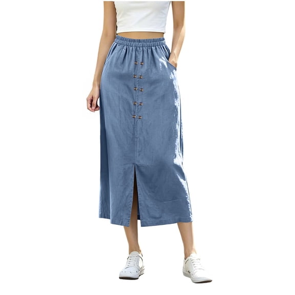 Squevariel Women's Linen Skirt Button Midi Skirt with Pockets Solid Color Casual Skirt
