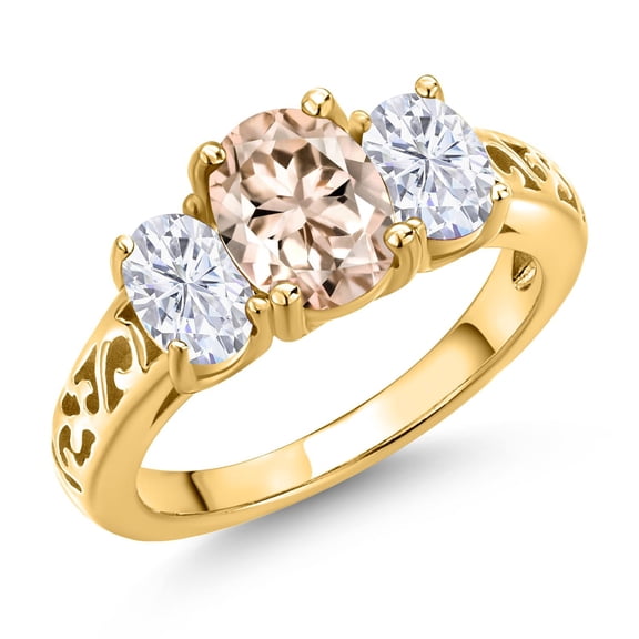 Gem Stone King 18K Yellow Gold Plated Silver Peach Morganite and White Moissanite Filigree Style 3 Stone Ring for Women (2.00 Cttw, Oval 8X6MM and 6X4MM) (Size 8)