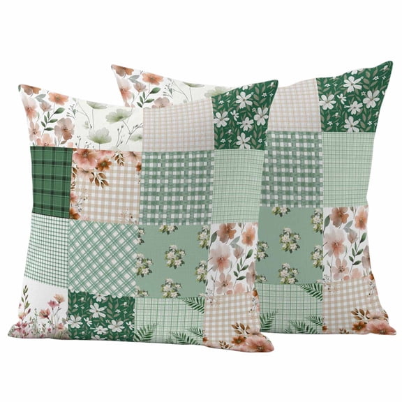 Boho Spring Floral Outdoor Waterproof Pillow Covers, Retro Flowers Plants Patchwork Grid Green Decorative Square Throw Pillowcase Sofa Cushion Sham for Patio/Couch/Chair, 18"x18" 2 Pack