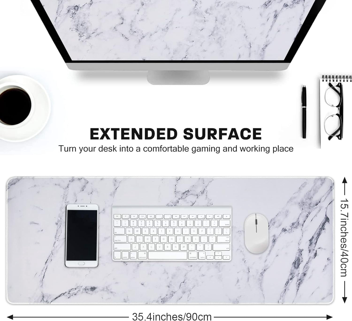 Desk Mat, Extended Gaming Mouse Pad Large 35.4" x 15.7", XXL Keyboard Mousepad with Stitched Edges, Non Slip Base, Waterproof Computer Desk Pad for Office, Home, Men(White Marble)