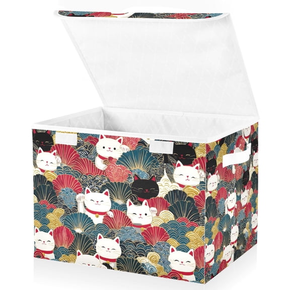 Yayeee Collapsible Cube Storage Bin with Lid Fabric Closet Decorative Basket with Handles, Black Lucky Cat