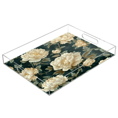

WOBOGO Yellowish Peony Acrylic Serving Trays 15.7x11.8 Inch Spill Proof Clear Decorative Organizer with Handle