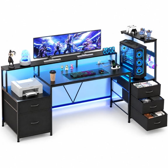 Reversible 63 Inch Black Computer Desk with Drawers, Storage Shelves and Printer Stand, Gaming Desk with Monitor Stand and LED Lights, Home Office Desk with Printer Shelf