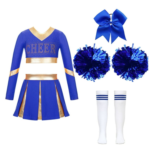 Manyakai Déguisement de Pom-Pom Girl pour Filles avec Pompons et Chaussettes Costume d'Halloween Tenue de Cheerleading A Bleu 6