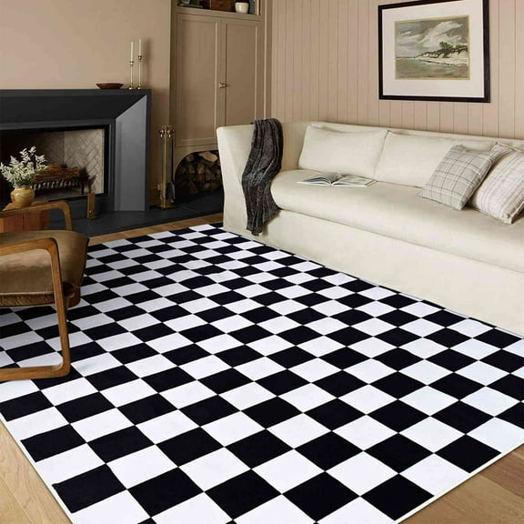 Softlife Classic Milk Flannel Checkered Rug for Living Room,5'x7',Black & White
