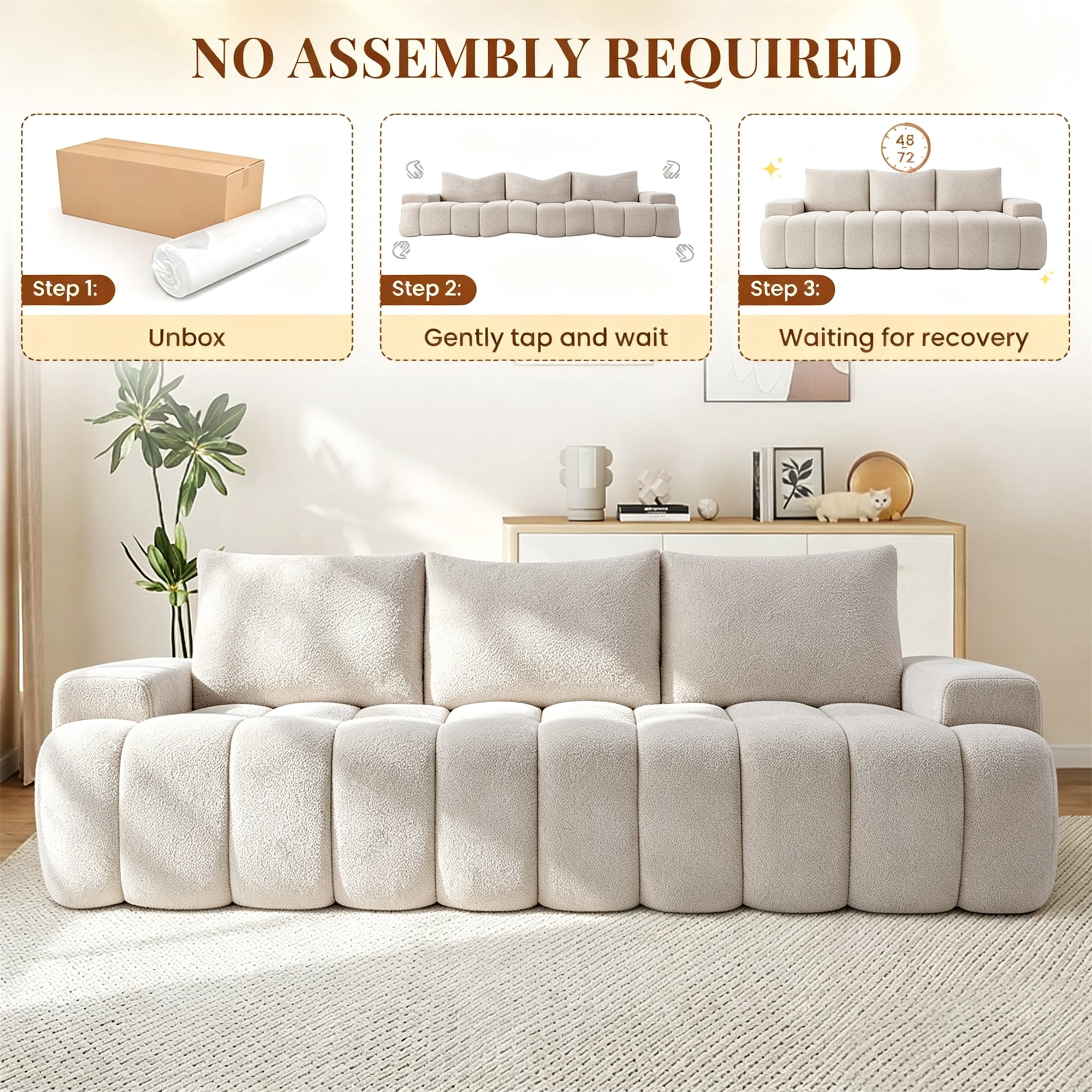 Aukfa 100" Oversized Boucle Cloud Sofa Deep Seat Boneless Couch with Curved Front for Living Room, Camel