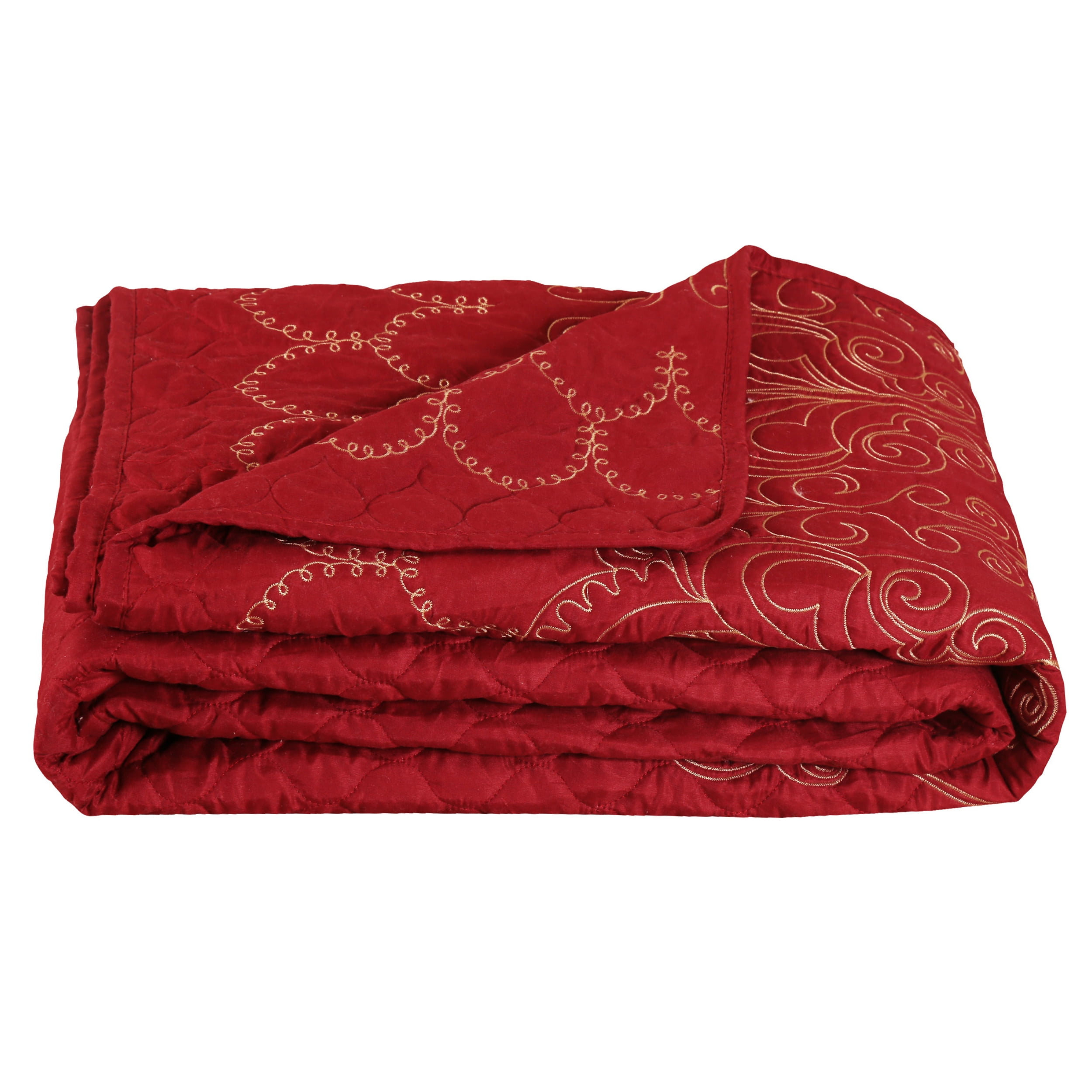 Marina Decoration Embroidered Stitching Coverlet Bedspread Ultra Soft Solid Bedding Summer Quilt Set with Quilted Sham, Gold Floral Red Pattern