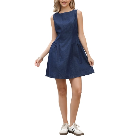 INSPIRE CHIC Sleeveless Denim Dress for Women's Casual Tank Boat Neck A-Line Mini Dress XS Dark Blue