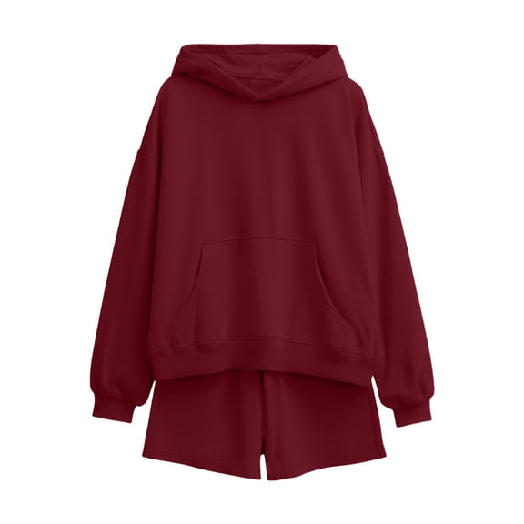 2 Piece Sweatsuits Shorts Sets for Women Loose Fit Casual Plain Pullover Hoodie with Shorts Jogging Outfits (XL, Wine)