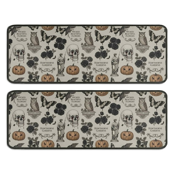 Kitchen Rugs Sets Of 2,Beige Gothic Skull Pumpkin Rose Pattern Anti Fatigue Kitchen Mat Rugs Non Slip Washable,Decorative Kitchen Floor Mats for Kitchen,Sink,Laundry,17"x47" 17"x47"