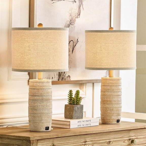 Maxax 23" Farmhouse Table Lamps Set of 2 - Rustic Bedside Lamp with USB Ports, 3-Way Dimmable Nightstand Lamp, Oat Resin Desk Lamp with Oat Shade for Living Room, Bedroom
