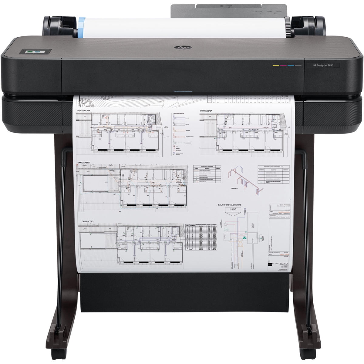 HP DesignJet T630 24" Wireless Large Format Color Thermal Inkjet Plotter Printer, 2025 Edition, Bundle with 3x Color and 80ml Black Ink Pack, Matte Bond Inkjet Paper Roll