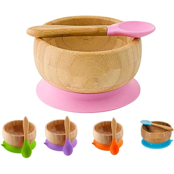 Plato de bambú para bebé con ventosa antideslizante que incluye plato con ventosa para bebé, plato de alimentación con ventosa estable, cuchara para bebé a juego, juego de vajilla para bebé de alta ca JFHHH pequeña
