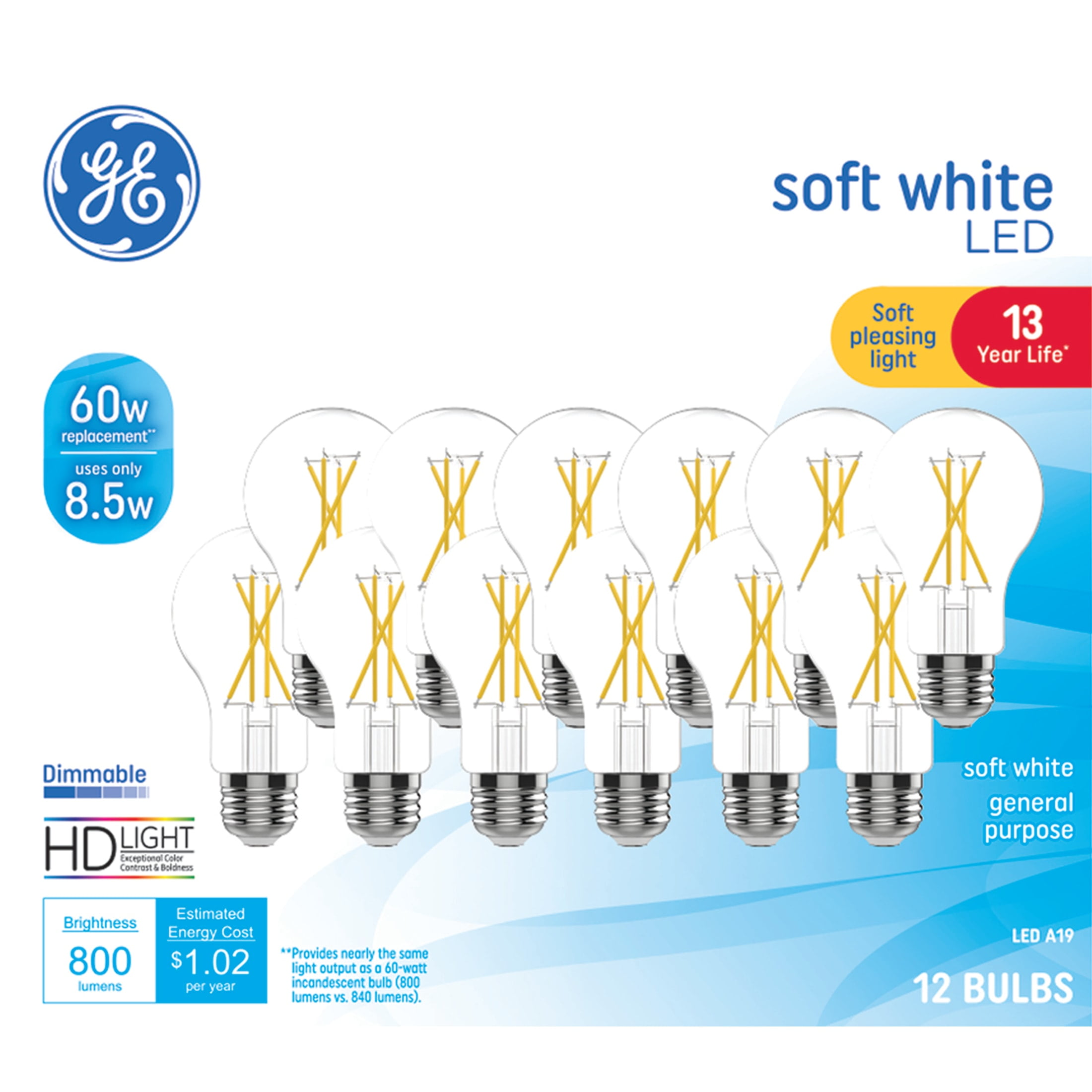 GE LED Light Bulbs, 60 Watt Replacement, Soft White, A19 General Purpose Bulbs, 12pk