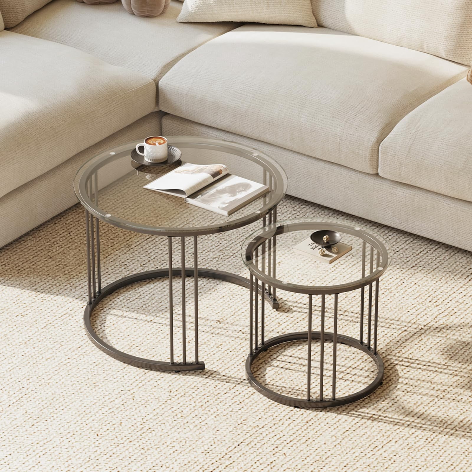 Nesting Coffee Table, 23.6" Round Coffee Table Set of 2, Glass Nesting Table with Metal Frame, Ceter Tables for Living Room Bedroom Balcony, Black