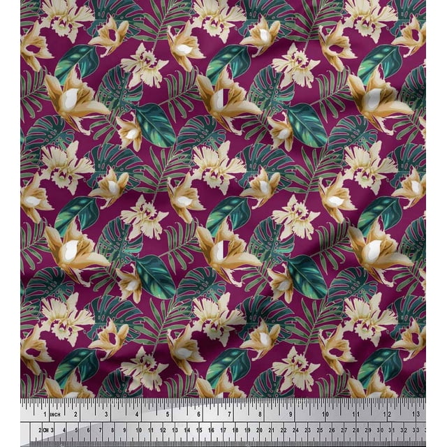 Soimoi Poly Georgette Fabric Monstera Leaf & Floral Decor Fabric Printed Yard 52 Inch Wide