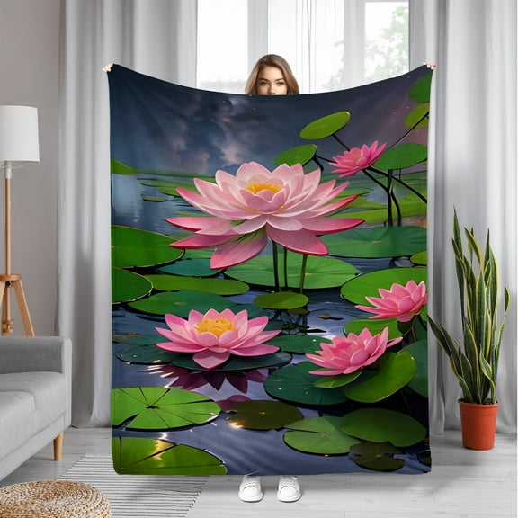 Blooming Lotus Flower Flannel Throw Blanket - Soft Warm Digital Print Polyester Knit for Sofa, Bed, Travel, Camping, Living Room, Office, Chair - Contemporary Style