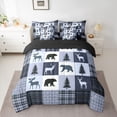 thumbnail image 2 of Feelyou Farmhouse Moose Bear Bedding Comforter Set 7pcs, Retro Blue Stripes Buffalo King Bedding Sets, Rustic Tree Botanical Reversible Bed Sheets, Luxury Bedroom Decor, 2 of 7
