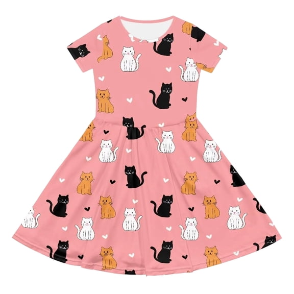 WOYY Dresses for Girls Cute Cat Print Short Sleeve Dress Casual A Line Midi Dresses, Pink