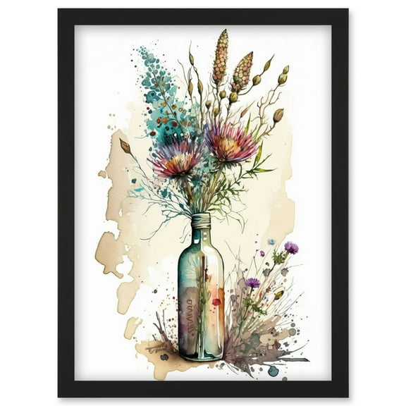 Spring Flower Bouquet In Glass Wine Bottle Vase Artwork Framed Wall Art Print A4