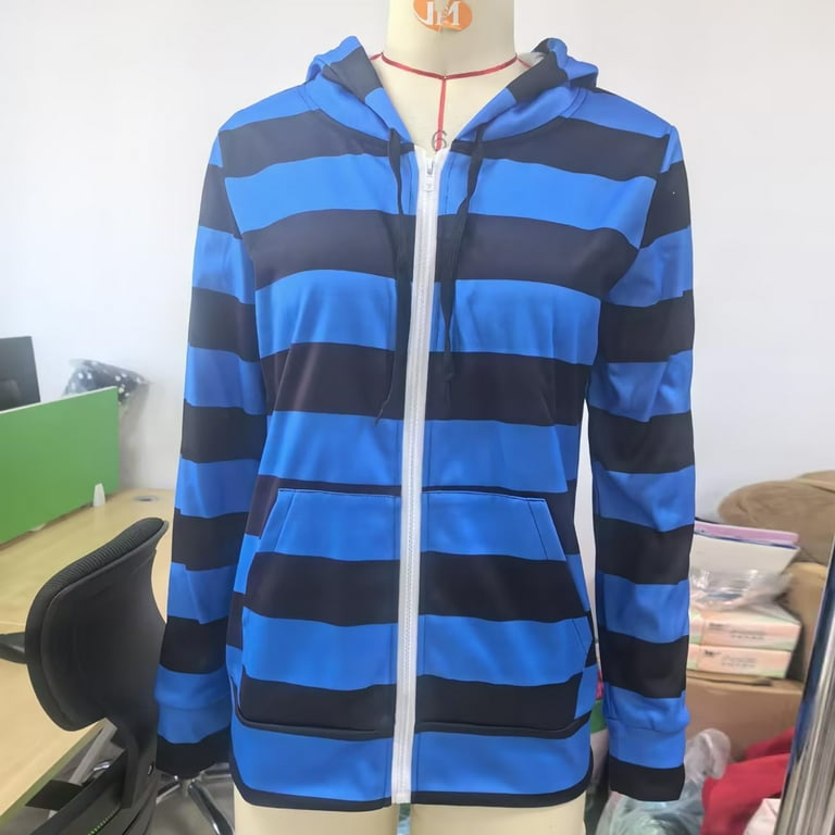 Womens Striped Hoodie Jacket Full Zip Up Hooded Sweatshirt