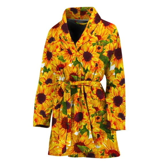 Watercolor Sunflower Pattern Women Bathrobe One Size Univeral Fits, Sunflower Flower Floral Fashion Lightweight Plush Fleece Long Robe For Women