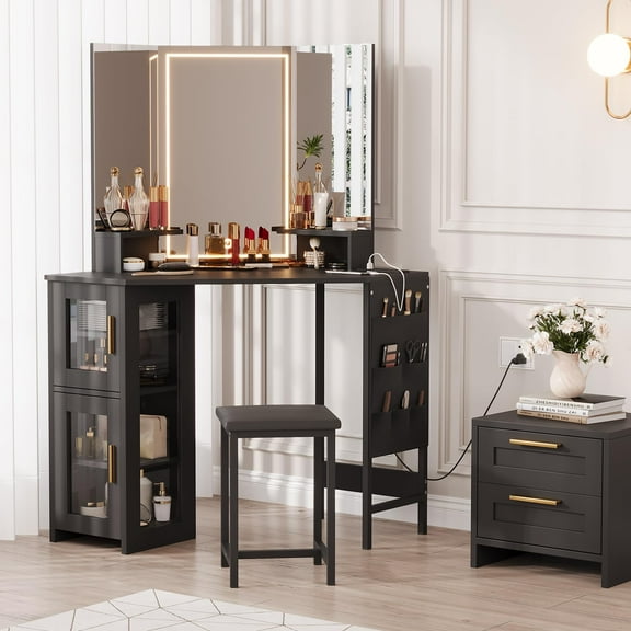 Litake Corner Vanity Desk and Stool, Corner Makeup Vanity with LED Lighted Mirror Charging Station and Cabinet for Bedroom, Black