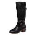 thumbnail image 2 of Women Buckle Knee High Riding Boots Fall Winter Block Heel Motorcycle Knight Long Boot Stylish Low Heel Round Toe Casual Tall Boots, 2 of 8