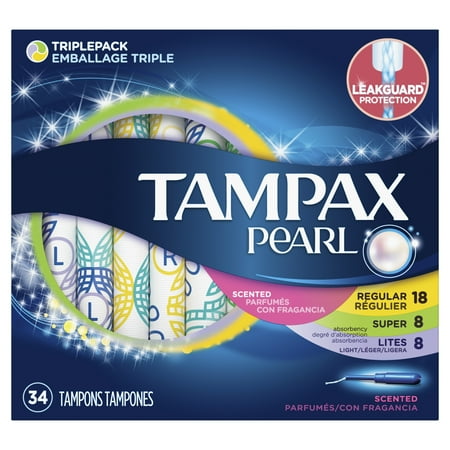 Tampax Pearl Triple Pack (Light/Regular/Super) Plastic Tampons, Scented, 34 Count