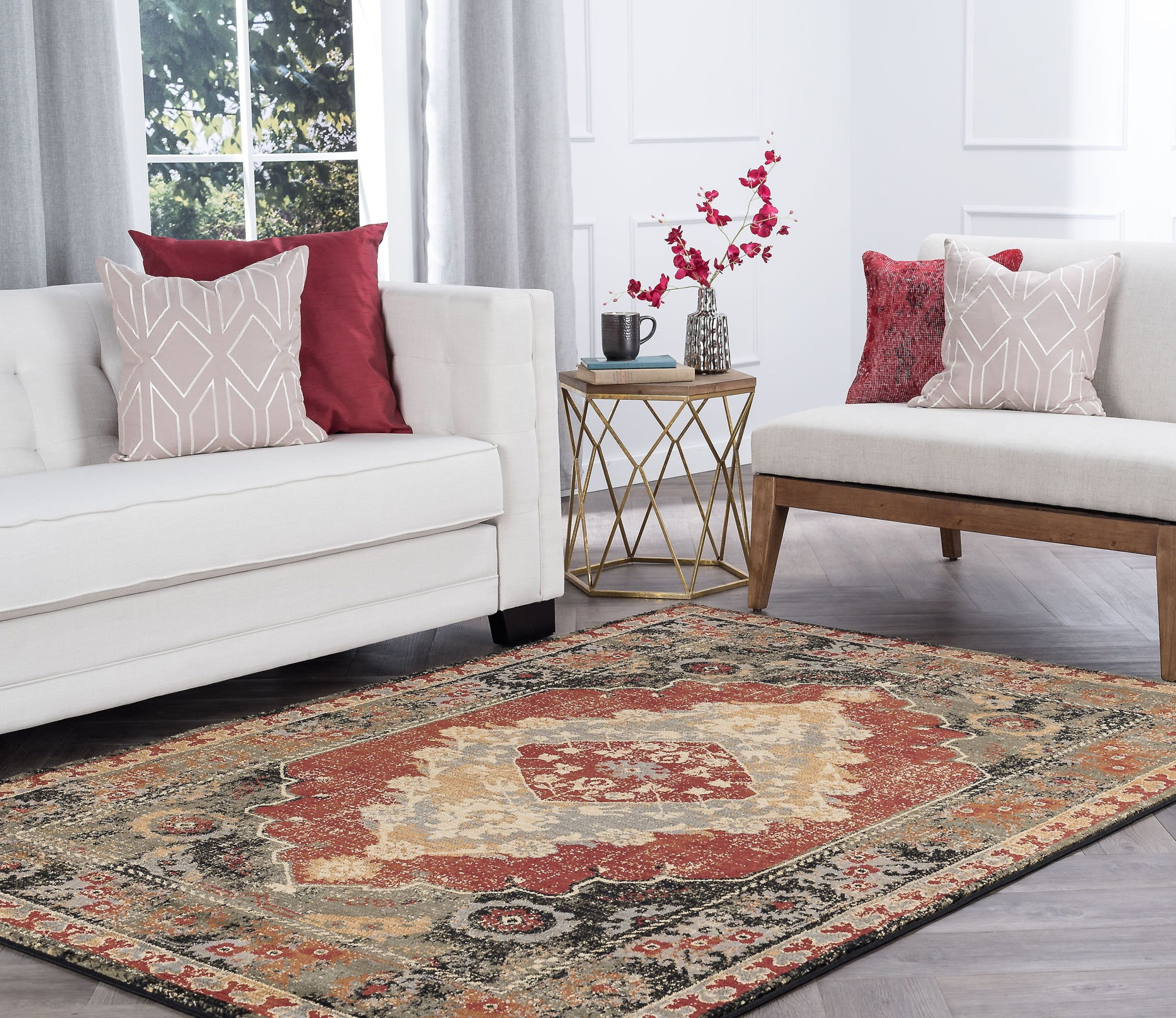 Transitional 9x12 Area Rug (8'9'' x 12'3'') Border Red, Terra Living