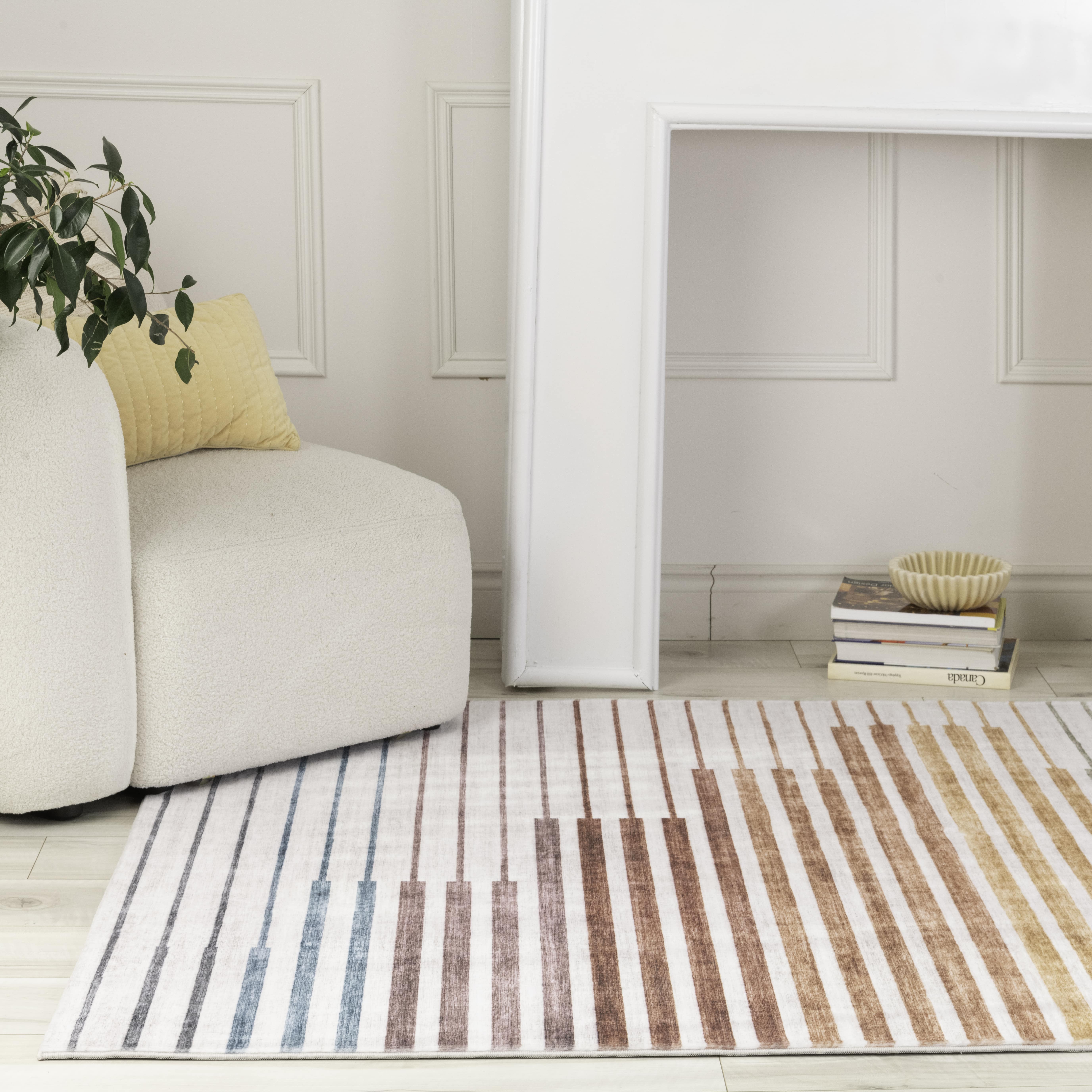 Tapis d'interieur a rayures colorees Eclipse Branch, arc-en-ciel, blanc beige, abstrait - Salon, chambre, salle a manger et bureau