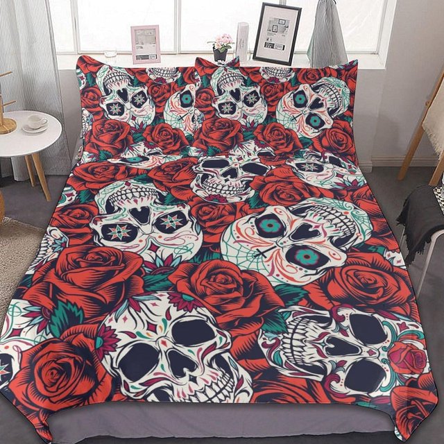 HAHDAXIA Skull Rose Pattern Bedding Solid Comforter Set for All Seasons,3 Pieces(1 Comforter+2 Pillowcases),Soft Microfiber Bedding Set Twin(86"x70")