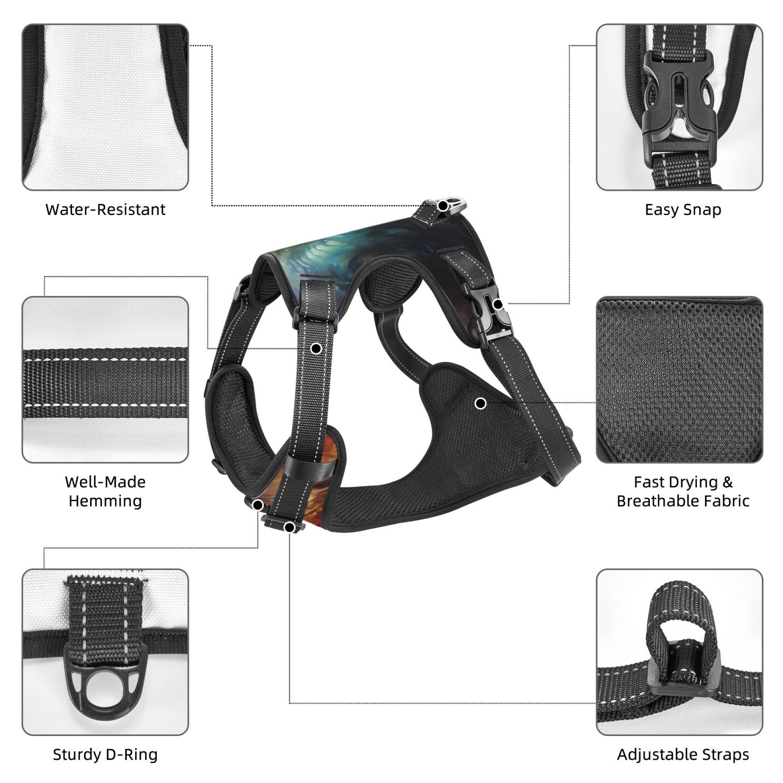 Kdxio Colorful Ink Style Dragon Print No Pull Dog Harness Adjustable Reflective Oxford Easy Control Medium Large Dog Harness for Training and Everyday-Large