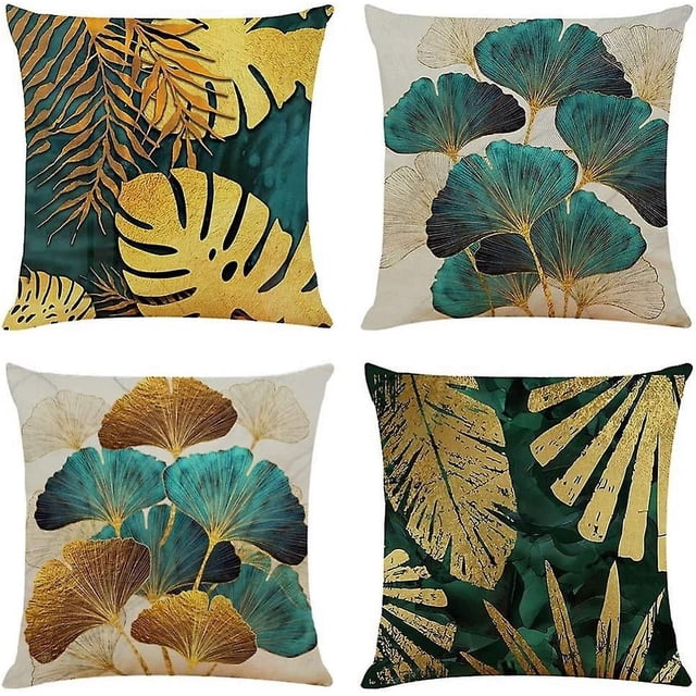 Fundas de almohada TANGJMXG paquete de 4 hojas verdes y doradas 18 X 18 pulgadas