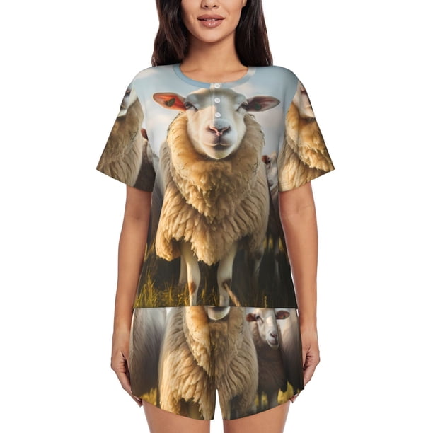 Balery Cute Prairie Sheep Herd Conjunto de Pijama para Mujer con Estampado, Dos Piezas de Manga Corta y Shorts, Ropa de Dormir Suave con Cuello Redondo y Bolsillos-XX-Large