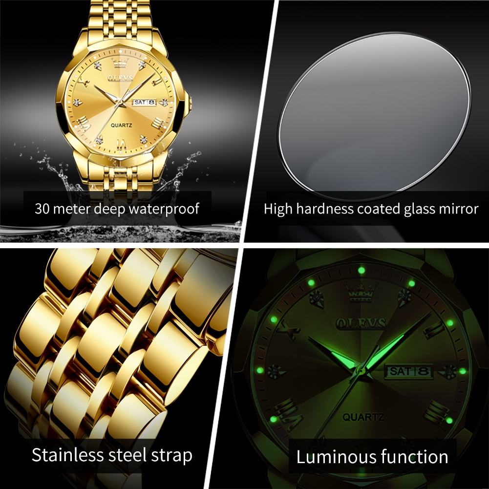 OLEVS Watch for Men Diamond Business Dress Analog Quartz Stainless Steel Waterproof Luminous Date Luxury Casual Wrist Watch Gold Dial