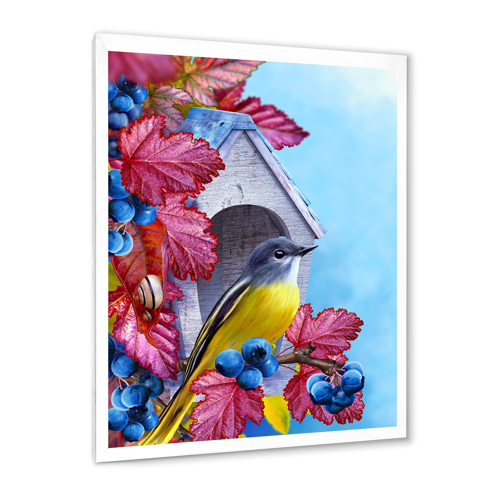 Designart 'Titmouse Bird Sitting On A Berries Branch Near A Birdhouse' Traditional Framed Art Print
