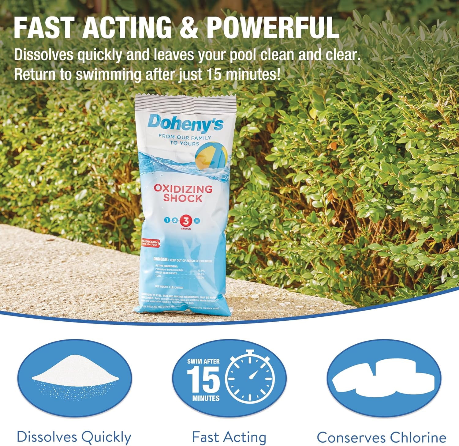Doheny’s Non-Chlorine Pool Shock for Swimming Pools, Fast-Dissolving Oxidizing Treatment, Removes Chloramines, Swim Ready in 15 Minutes, 12 x 1-lb Bags (12 lb Total)