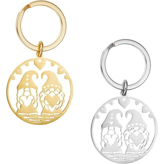 2Pcs 2 Colors Heart Gnome 304 Stainless Steel Pendant Keychain for Keychain Purse Backpack Ornament Golden & Stainless Steel Color 6.2cm 1pc/color