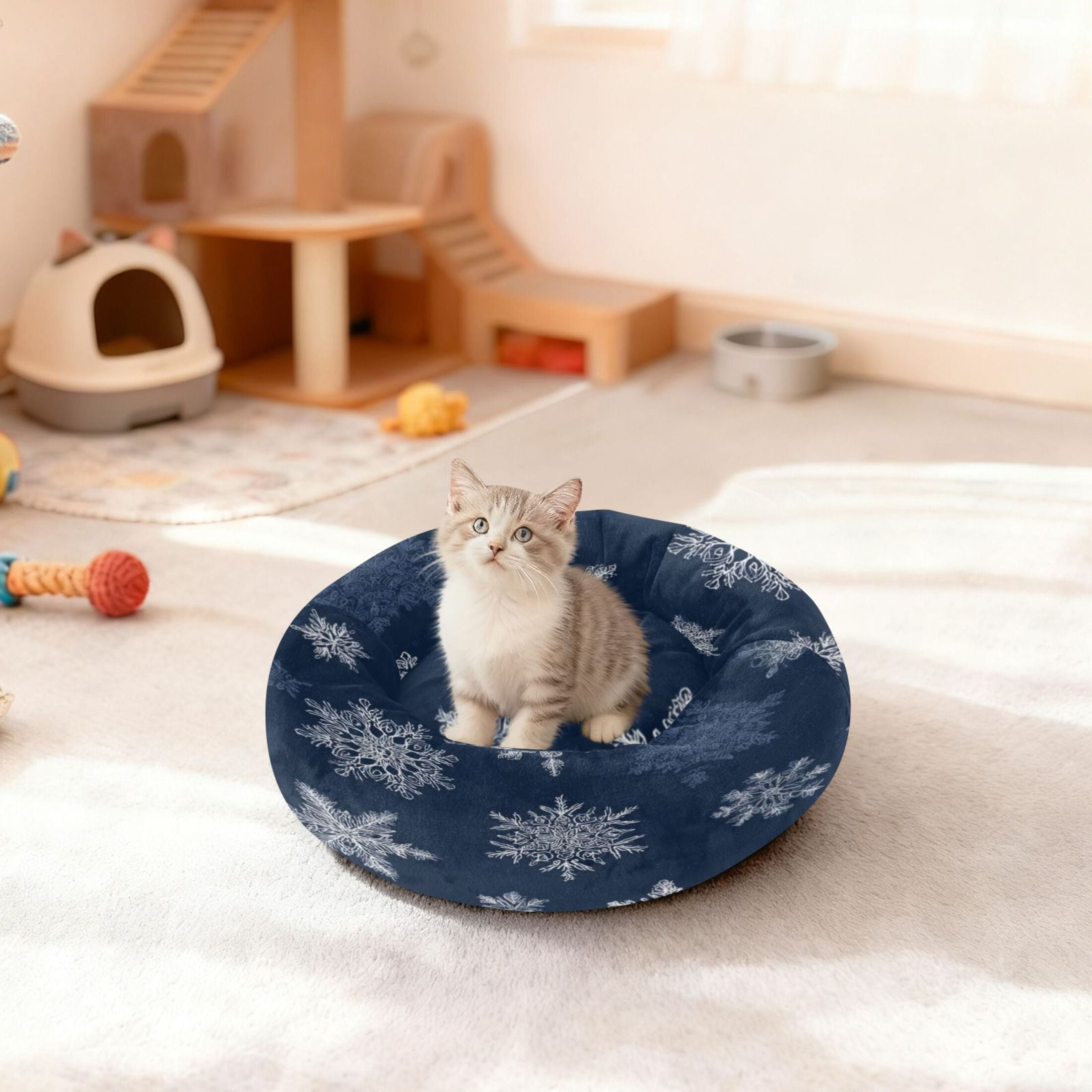 Iauyy Pet Couch Donut Cat Bed for Indoor Cats/Small Dogs Washable & Machine with Non-slip Bottom Calming Cat Furniture, Delicate White Snowflakes (M)