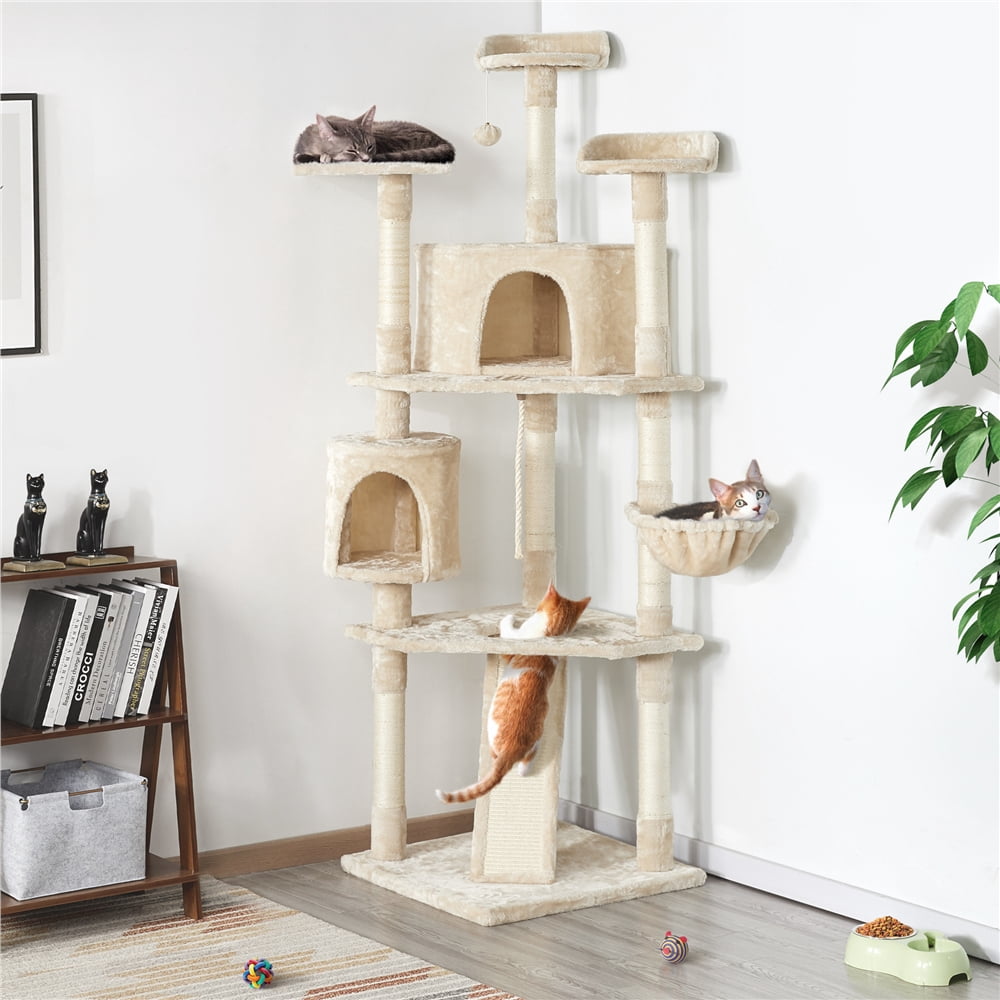 Alden Design 79″ H Multilevel Cat Tree with 2 Condos Basket Scratching Posts, Beige