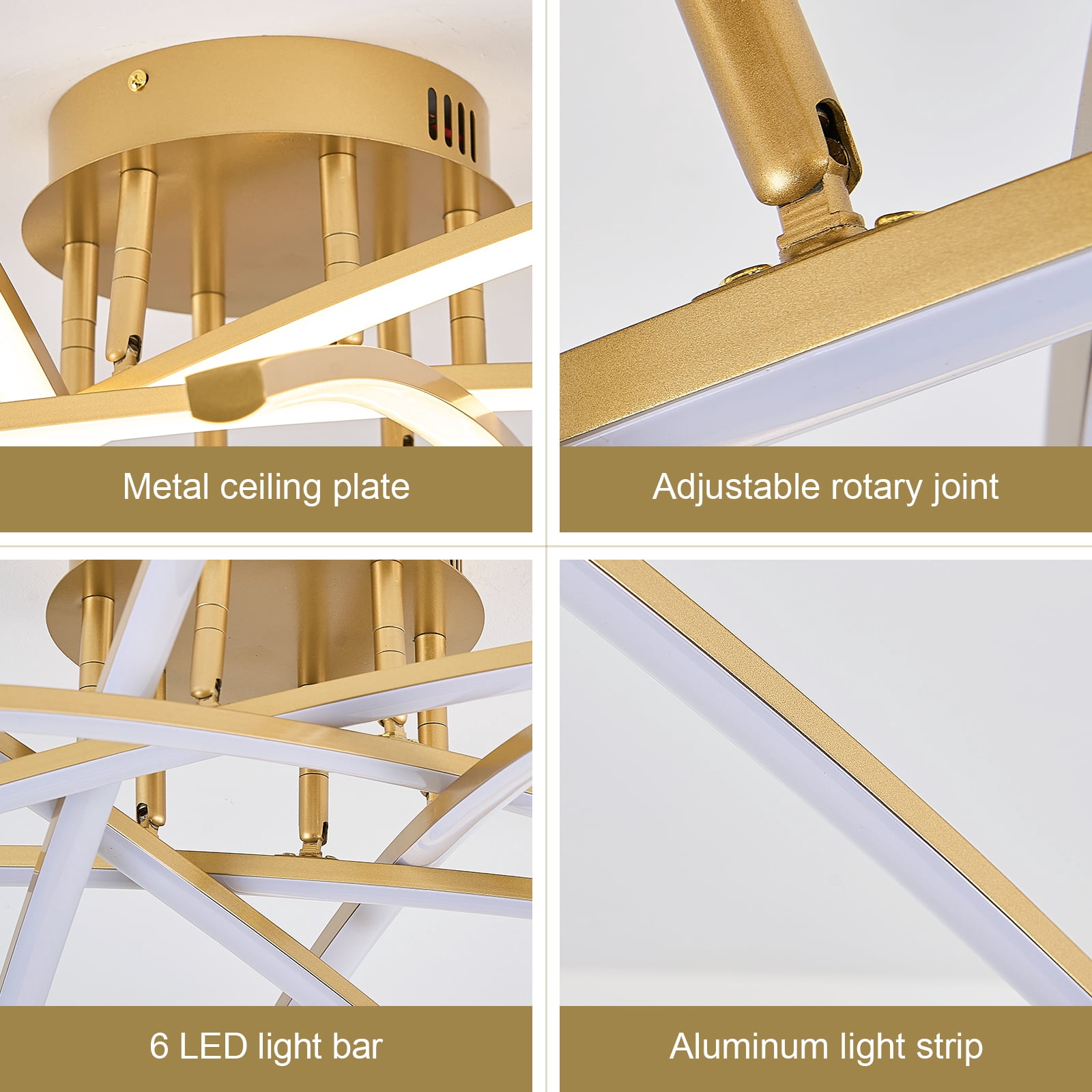 Gold LED Chandelier Semi Flush Mount Ceiling Light, 65W Remote Control Ceiling Lighting Fixture for Living Room Dining Room Kitchen Bedroom 32.8” Close to Ceiling Light Dimmable 3000K-6000K