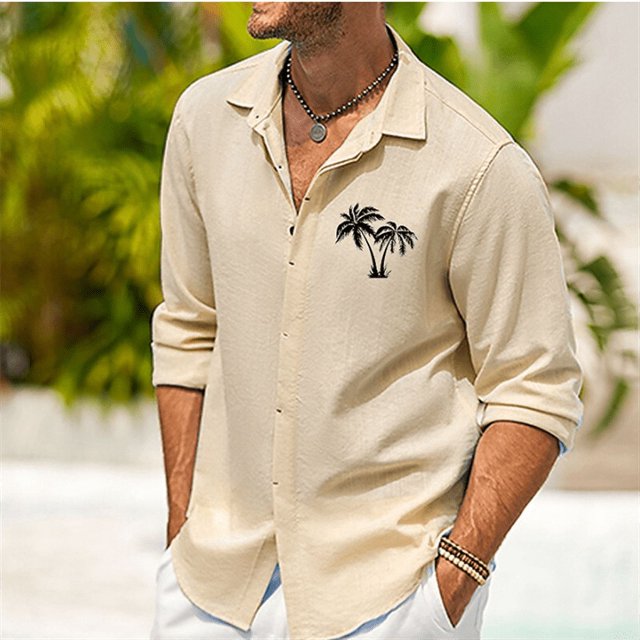 Camisa de hombre de 5 colores con estampado de árbol de coco, camisa con botones de solapa, camisa de manga larga para exteriores, camisa de diseñador de moda informal