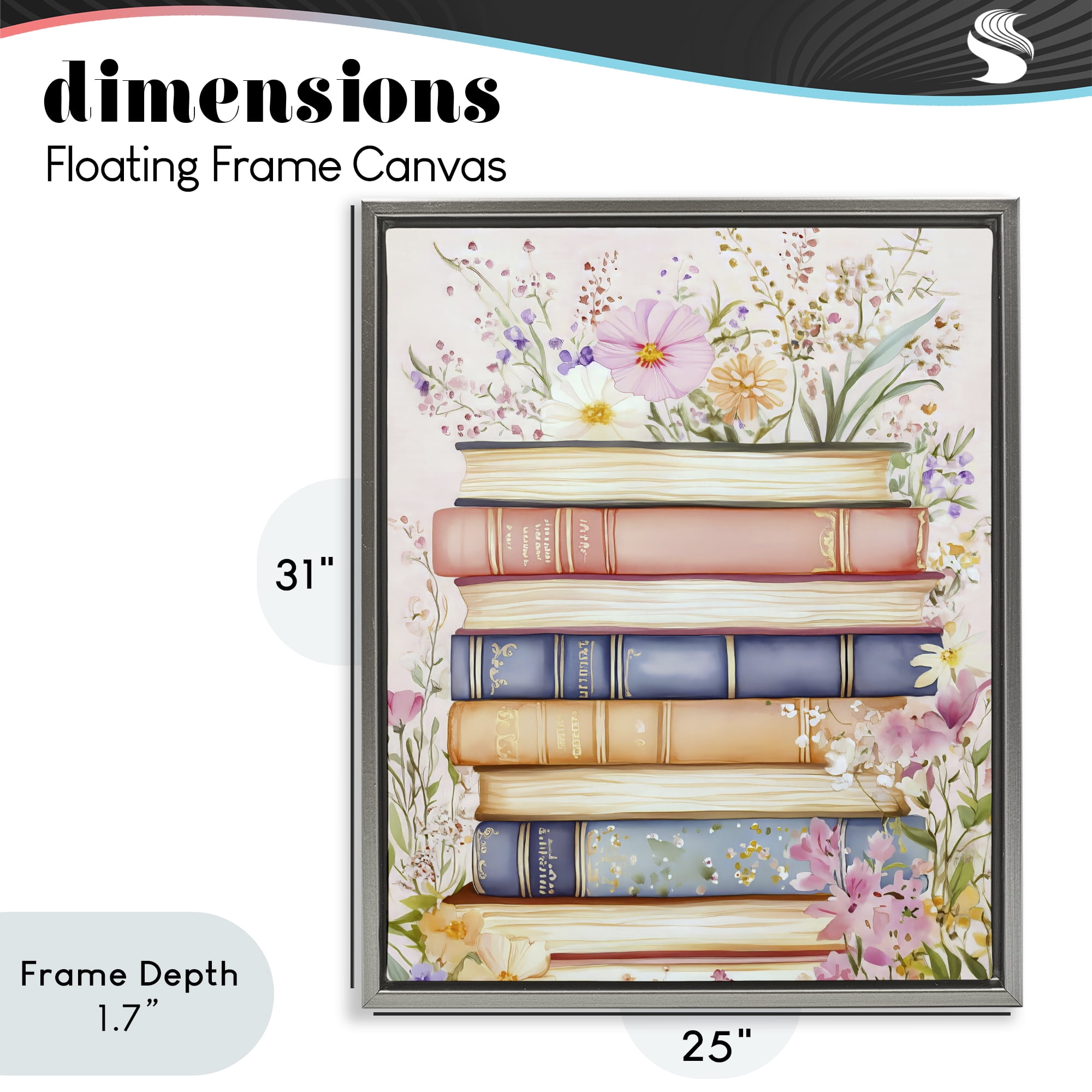 Stupell Industries Blooming Bookstack in Pastels Gray Framed Floater Canvas Wall Art, design by LSR Design Studio