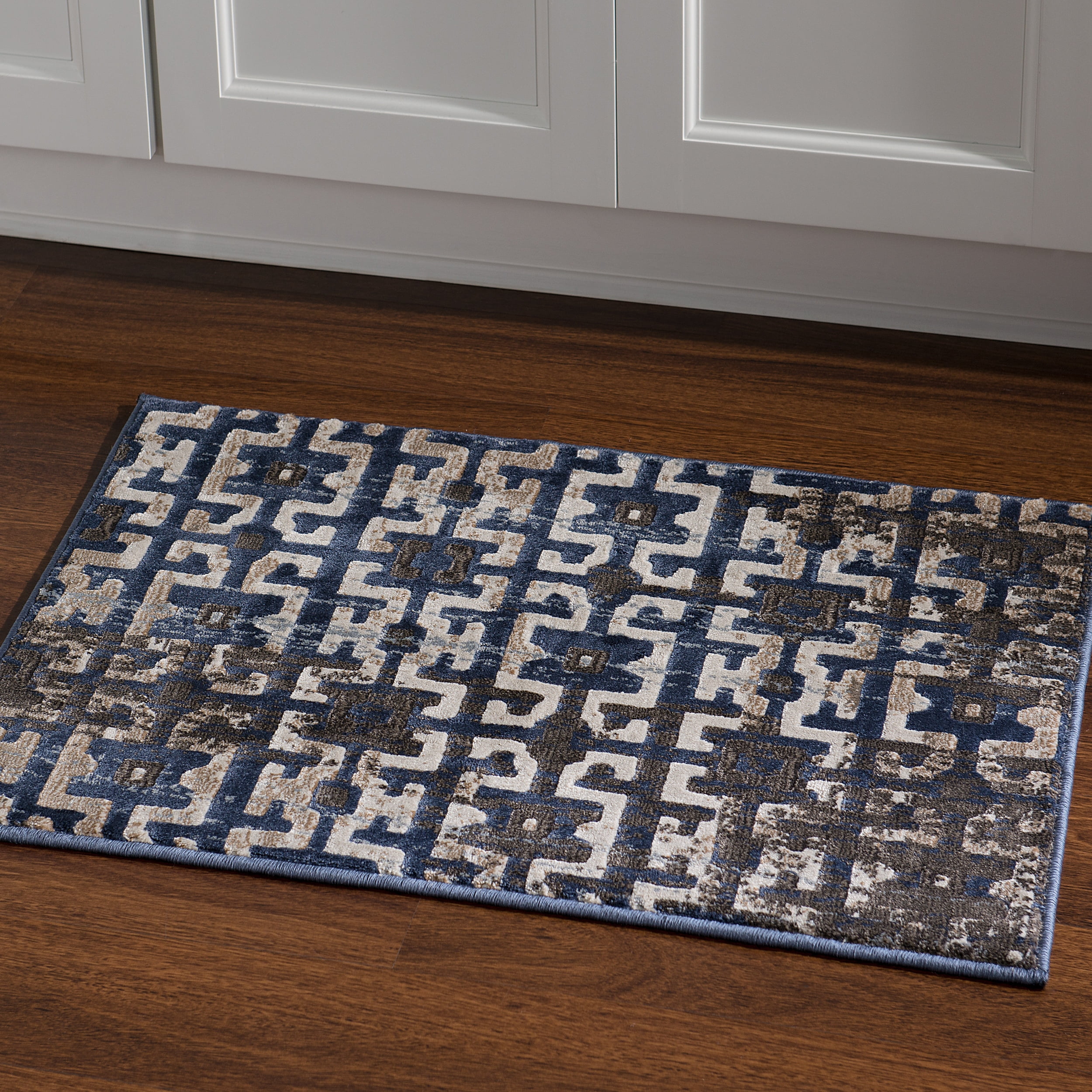 Jewel Maze Navy Area Rug 8 x 104" Powerloomed 100% Polypropylene Design