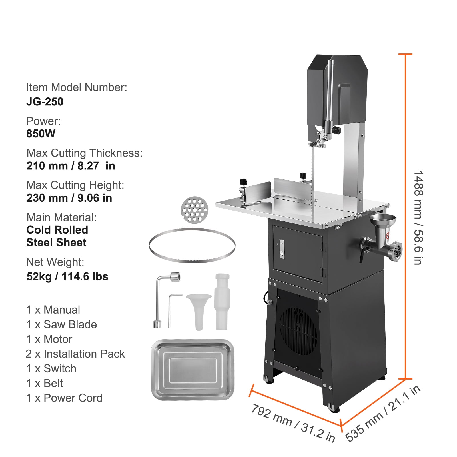 KFFKFF Electric Meat Saw, 850W Stainless Vertical Cutter, 19.1"x15" Table, Cuts 7.09" Thick, Ideal for Frozen Meat, Includes Blade for Ribs, Pork, Beef